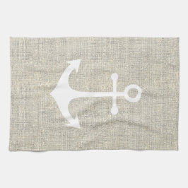 Wit anker op rustieke faux grijze jute textuur theedoek