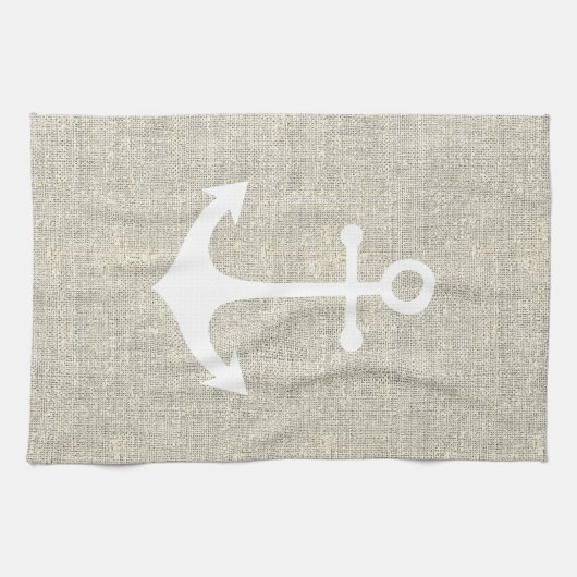 Wit anker op rustieke faux grijze jute textuur theedoek (Horizontaal)