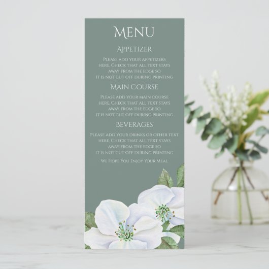 Wit Apple Blossom Menu Weddenschap Kaart (Staand voorkant)
