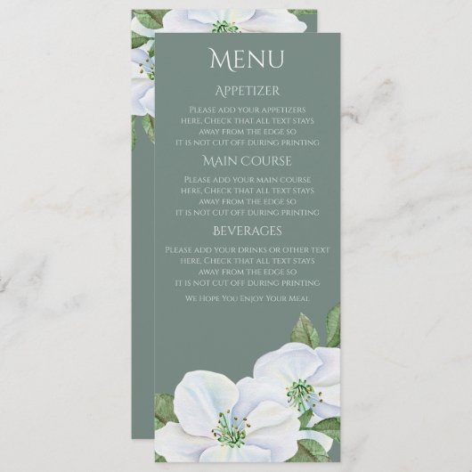 Wit Apple Blossom Menu Weddenschap Kaart (Voorkant / Achterkant)
