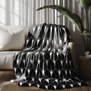 Wit Art Deco-patroon op zwarte achtergrond Fleece Deken