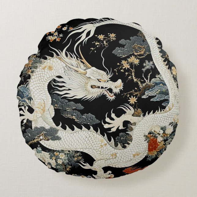 Wit Aziatisch Dragon Rond Sierkussen Kussen (Voorkant)