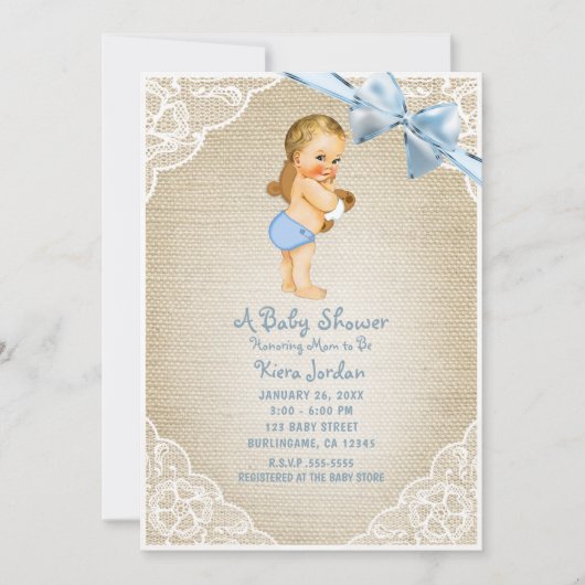 Wit Baby Boy Beer & Blauw Bow Burlap Baby shower Kaart (Voorkant)