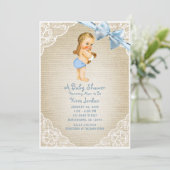 Wit Baby Boy Beer & Blauw Bow Burlap Baby shower Kaart (Staand voorkant)