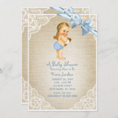 Wit Baby Boy Beer & Blauw Bow Burlap Baby shower Kaart (Voorkant / Achterkant)