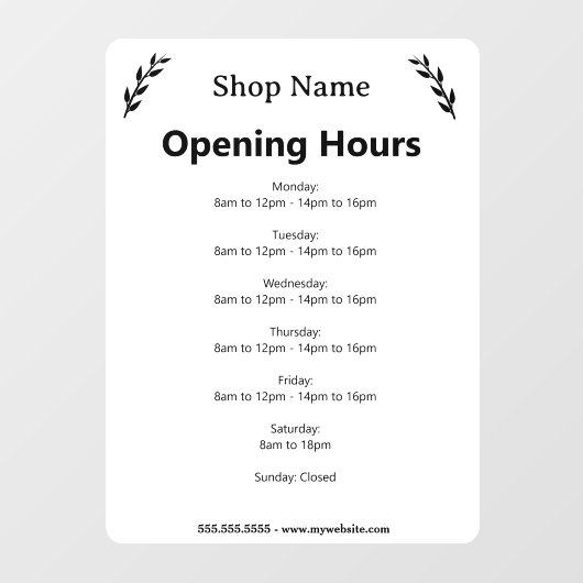 Wit bedrijf openingsuren vensterfolie raamsticker (Vel)
