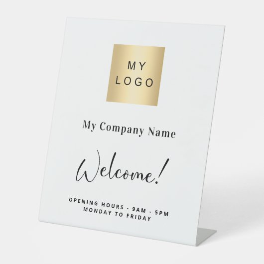 Wit bedrijfslogo naam openingsuren reclamebord met voetstuk (Voorkant)