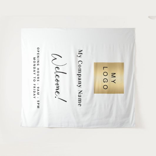 Wit bedrijfslogo naam openingsuren wandkleed (Voorkant (horizontaal))