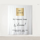 Wit bedrijfslogo naam openingsuren wandkleed (Voorkant)