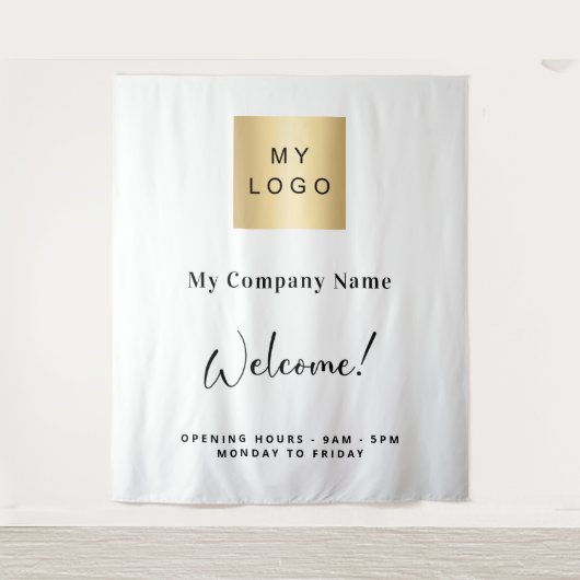Wit bedrijfslogo naam openingsuren wandkleed (Voorkant)