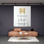 Wit bedrijfslogo naam openingsuren wandkleed