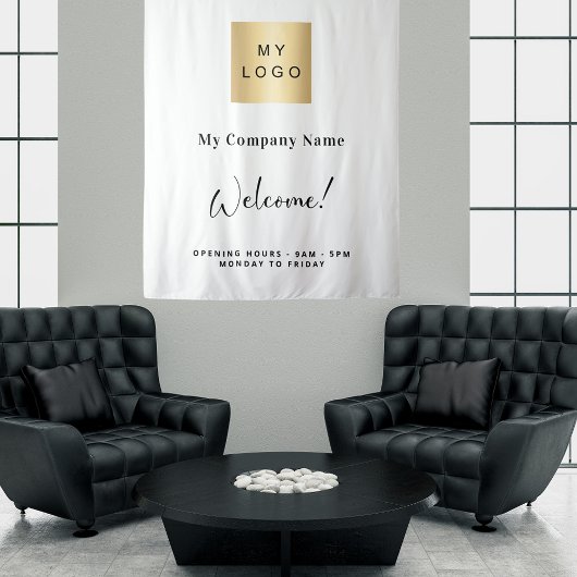 Wit bedrijfslogo naam openingsuren wandkleed