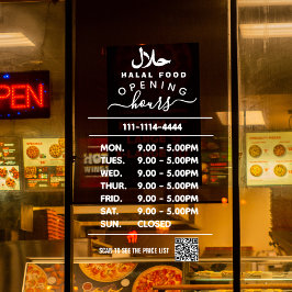 Wit bedrijfsopeningsuren logo en qr-code Hala Raamsticker