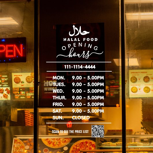 Wit bedrijfsopeningsuren logo en qr-code Hala Raamsticker