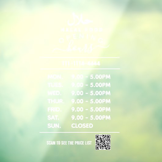 Wit bedrijfsopeningsuren logo en qr-code Hala Raamsticker (Vel 3)