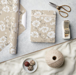 Wit Beige Ditsy Bloem Elegant Boho 70s Vintage  Cadeaupapier