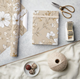 Wit Beige Ditsy Bloem Elegant Boho 70s Vintage  Cadeaupapier