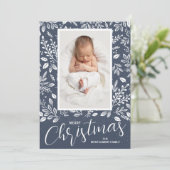 Wit Bladeren Denim Foto Kerstmis Geboorte Aankondiging (Staand voorkant)