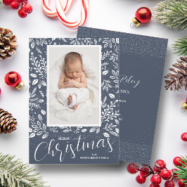 Wit Bladeren Denim Foto Kerstmis Geboorte Aankondiging