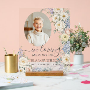 Wit Blau Blos Blom Foto Funeral Herdenking Acryl Bord