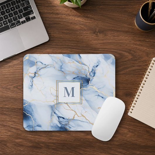 Wit Blau Gouden Marmeren Monogram Muismat