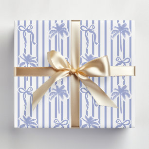 Wit Blau Kust Palmboom Strikken Strepen Patroon Cadeaupapier