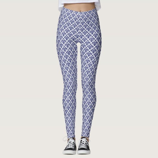 Wit Blauw 2 Laag - Damast #2 DIY BG Ptn NB Leggings (Voorkant)