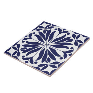 Wit & blauw Abstract bloemmotief geometrisch Tegeltje