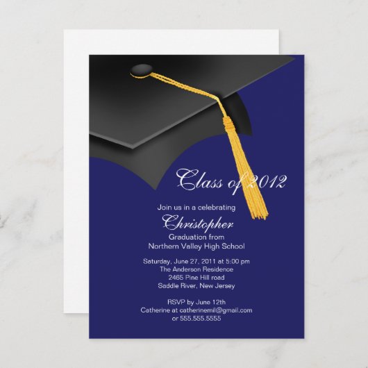 Wit Blauw Afstudeerder Pet Graduation Party Invita Uitnodiging Briefkaart (Voorkant / Achterkant)