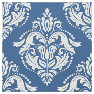 Wit & Blauw Bloemen Damast Geometrisch Patroon Stof