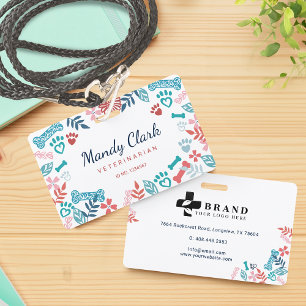 Wit Blauw Bloemen & Foliage Pet Paw Print Patroon Badge