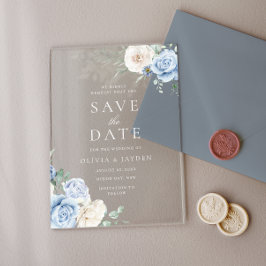 Wit & Blauw Bloemen Huwelijk Save The Date Acryl Uitnodigingen