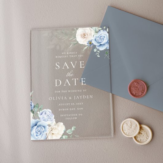 Wit & Blauw Bloemen Huwelijk Save The Date Acryl Uitnodigingen