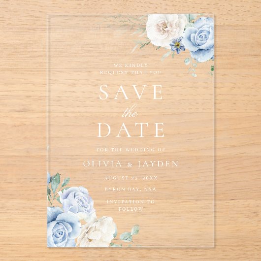 Wit & Blauw Bloemen Huwelijk Save The Date Acryl Uitnodigingen (Voorkant)