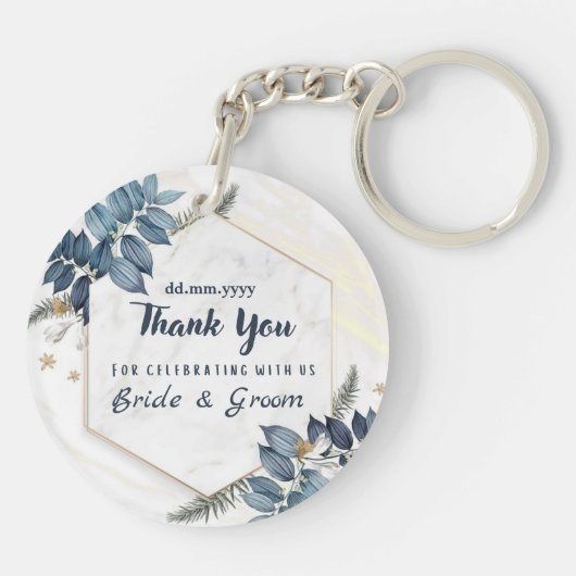 Wit Blauw Bloemen Lijst Dank u bruiloft gunsten Sleutelhanger (Achterkant)