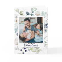 WIT BLAUW BLOEMEN VROLIJK KERSTMIS FOTOKAART