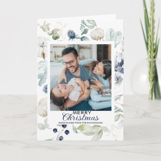 WIT BLAUW BLOEMEN VROLIJK KERSTMIS FOTOKAART KAART (Voorkant)