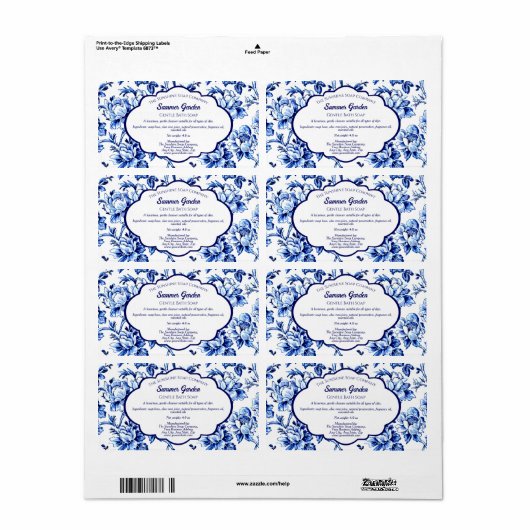 Wit Blauw Bloemen Zeep Verpakking Label (Full Sheet)