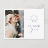 Wit | Blauw Bloemmonogram Dank u Briefkaart (Voorkant)