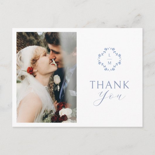 Wit | Blauw Bloemmonogram Dank u Briefkaart (Voorkant)