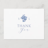 Wit | Blauw Bloemmonogram Dank u Briefkaart (Voorkant)