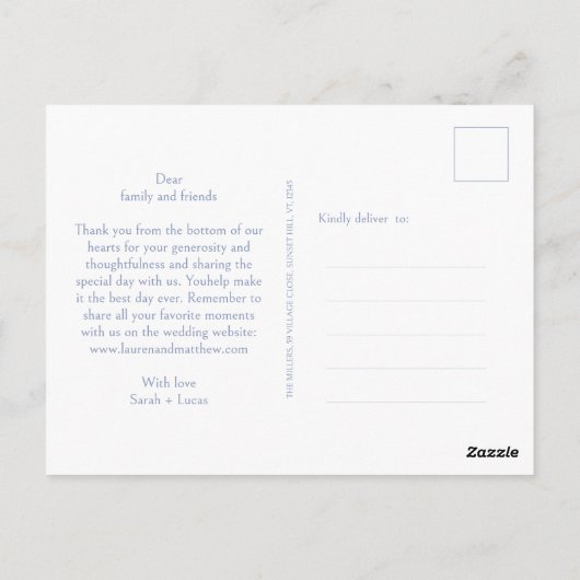 Wit | Blauw Bloemmonogram Dank u Briefkaart (Achterkant)