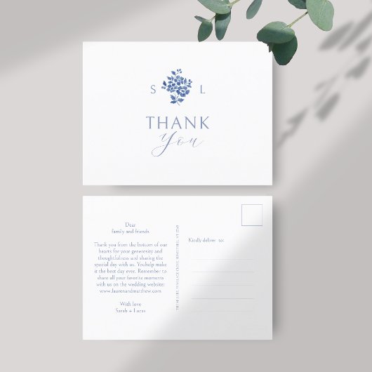 Wit | Blauw Bloemmonogram Dank u Briefkaart