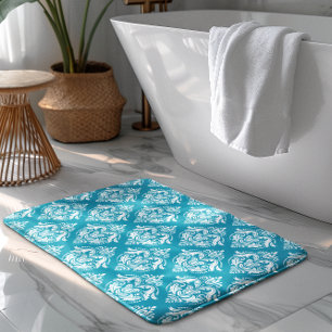 Wit & Blauw Bloemmotief Damastpatroon Badmat