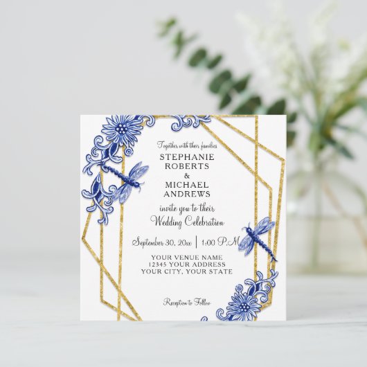 Wit Blauw Chinoiserie Dragonfly Bloemen Waterverf Kaart (Staand voorkant)