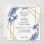 Wit Blauw Chinoiserie Dragonfly Bloemen Waterverf Kaart (Voorkant)