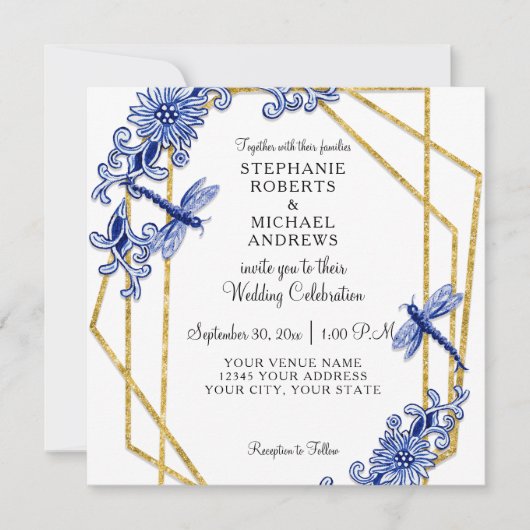 Wit Blauw Chinoiserie Dragonfly Bloemen Waterverf Kaart (Voorkant)