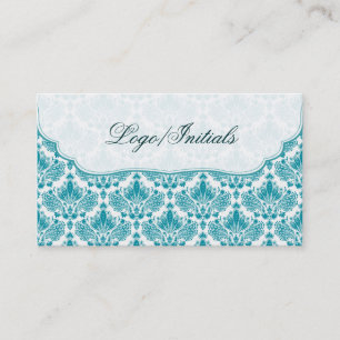 Wit & Blauw Elegant Retro Bloemen Damast Visitekaartje