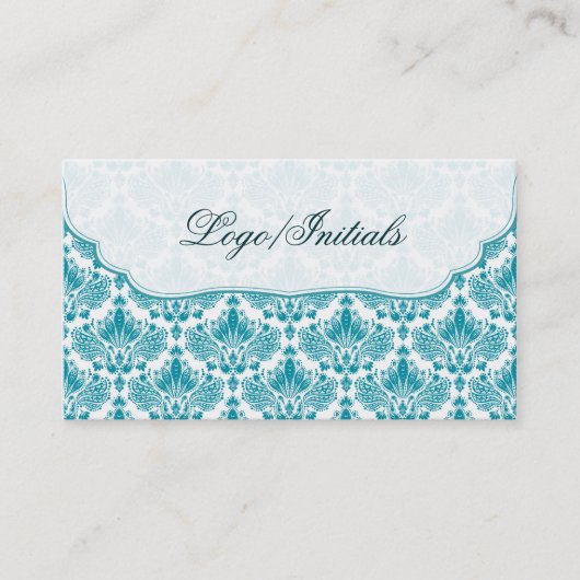 Wit & Blauw Elegant Retro Bloemen Damast Visitekaartje (Voorkant)