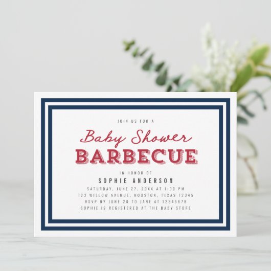 Wit blauw en rood Gingham Baby shower Barbecue Kaart (Staand voorkant)